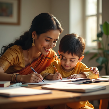 Mom Teaching son studying