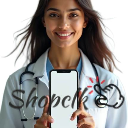 young female medical doctor with mobile mockup png photo